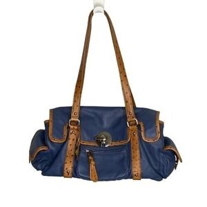 Donald J Pliner Womens Canea Nappa Leather Satchel Handbag Blue Tan Ostrich Trim